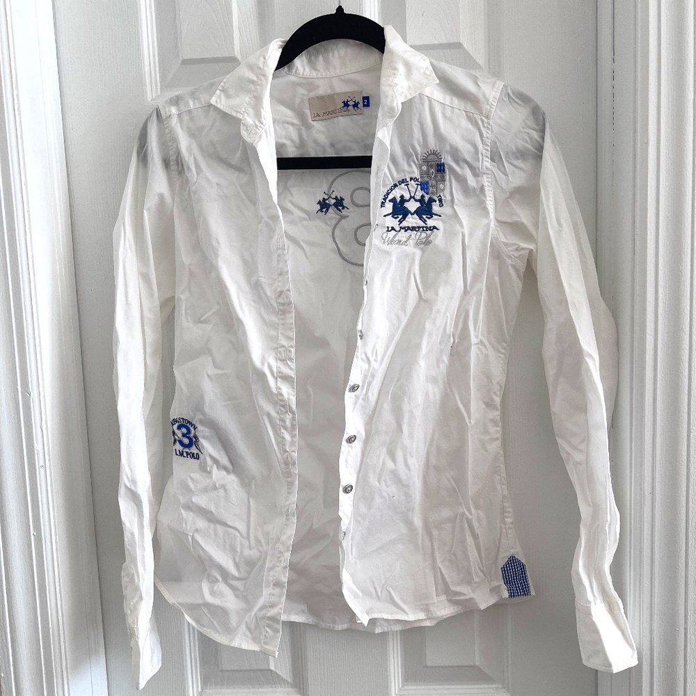 Elegant White Button Down Shirt with Blue Embroidery
